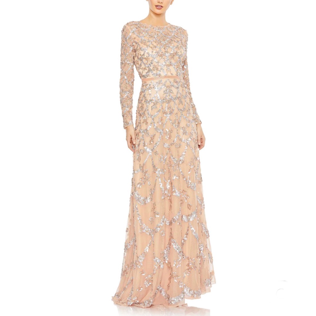 Mac Duggal Blush Embellished Illusion High Neck Long Sleeve A-Line Gown -Reemoly